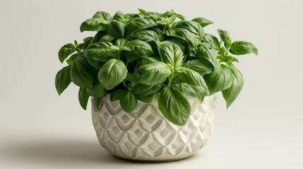 Indoor herb garden with basil in a white ceramic planter on a clean white background 