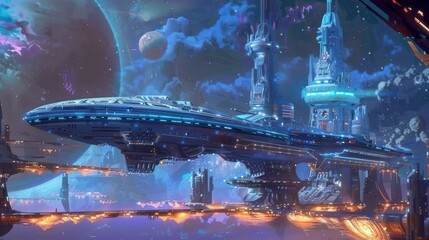 Canvas Print - Futuristic Cityscape with Spaceship