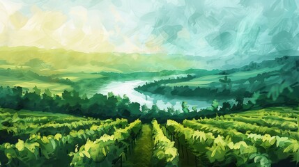 Wall Mural - Vineyard Landscape with River