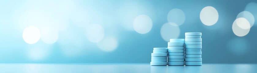 A 3D vibrant image of ascending stacks of coins against a soothing blue background, symbolizing growth and financial prosperity.