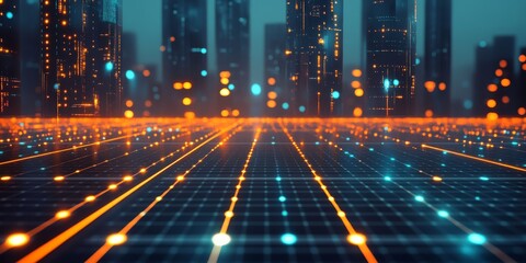 Poster - This captivating digital background showcases a vibrant cityscape rich in advanced technology, depicting intricate data flow, AI systems, and immersive, cuttingedge futuristic graphics
