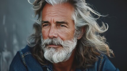 Canvas Print - Portrait of a Man with Long Gray Hair and a Beard