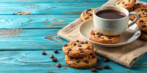 Wall Mural - Delicious American cookies with chocolate chips and a cup of coffee on blue table top view