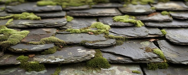 Close-up of moss-covered slate tiles on an old roof, natural texture. Rustic architecture and nature concept