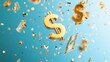© TGIF - Golden dollar signs with confetti on pay day celebration banner, 3D render