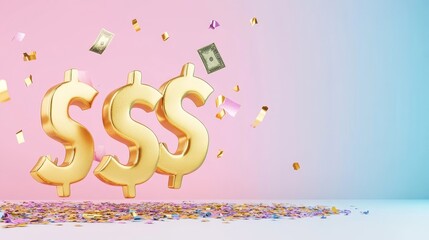 Golden dollar signs with confetti for payday celebration, 3D banner.