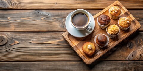 Wall Mural - Top view of coffee cup and mini cakes on wooden tray, perfect breakfast composition with copy space