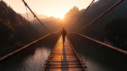 person stepping onto bridge symbolizing fresh adventure and start.
