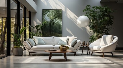 Wall Mural - Modern white designer sofa with cushions in middle of minimalistic living room with green plants