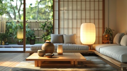 Aufkleber - A serene modern living space featuring natural light, wooden decor, and minimalist furniture for a tranquil atmosphere.