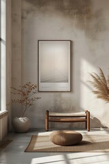Aufkleber - Minimalistic room featuring a serene artwork, natural decor, and soft lighting, creating a calm and inviting atmosphere.