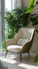 Wall Mural - Comfortable armchair in sunlit room with greenery, peaceful interior design concept