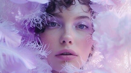 Wall Mural - A woman with purple hair and purple makeup is surrounded by feathers