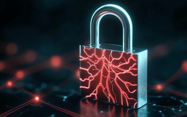 Wall Mural - Futuristic padlock with glowing red circuitry, symbolizing digital security and protection in a modern tech landscape.