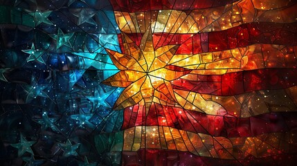 Wall Mural - A colorful stained glass piece of art with a star and the American flag