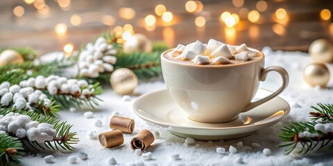 A cozy cup of coffee latte with marshmallows on a snowy winter table