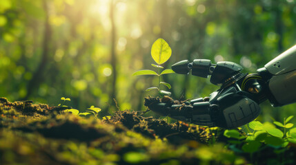 Canvas Print - robot hand holding an emerging plant in a forest, symbolizing environmental protection and artificial intelligence technology for sustainable development with copy space for text