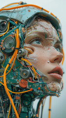 Canvas Print - cyborg, futuristic, fullshot, upperbody, surrealistic, rainbow-color, cyborg head, human head, flashy, gorgeous, strong colors, attractive, woman brain have a lot of cables and wires, photorealistic, 