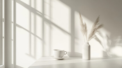 Floating Coffee Cup: A simple white coffee cup and saucer hover mid-air against a clean white background. The image evokes a sense of weightlessness and serenity.