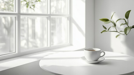 Floating Coffee Cup: A simple white coffee cup and saucer hover mid-air against a clean white background. The image evokes a sense of weightlessness and serenity.