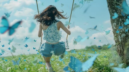 Close-up shot, an energetic photograph of a woman running through a green field. She is wearing a sleeveless white top with blue patterns, denim shorts, and white sneakers