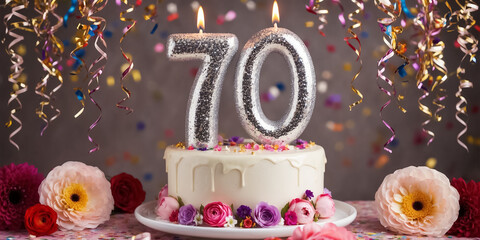 Sticker - Delicious festive sweet cake with candle number 70, elegant flowers