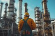© Mikhail Vorobev - Industrial worker in overalls and helmet at oil plant, holding tools with gas towers behind