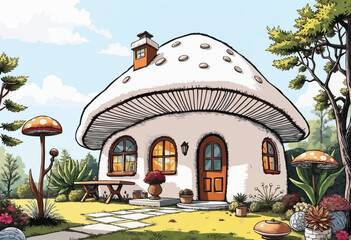 mushroom house cartoon vector illustration background. watercolor oil painting texture