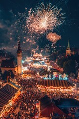 Wall Mural - Captivating Nighttime Fireworks Over a Lively Oktoberfest Celebration in Germany