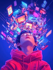 Aufkleber - A young person gazes upward, immersed in a vibrant display of technology and creativity, reflecting modern digital culture.