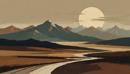 Minimalist abstract landscape—mountains, sun, earth tones.