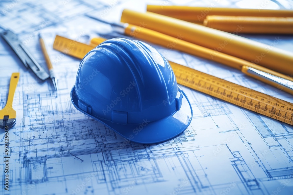 Construction blueprint with safety helmet and tools for building ...