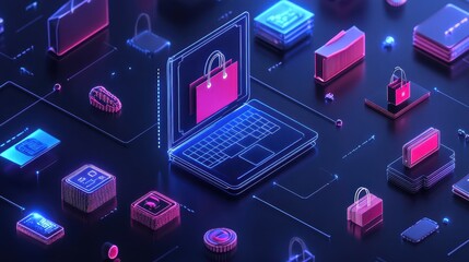 Poster - Futuristic digital commerce scene with neon elements, showcasing security features and online shopping icons.