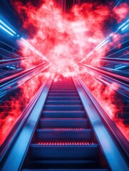 Aufkleber - Futuristic stairway illuminated by neon lights, creating a surreal atmosphere with vibrant red smoke effects.