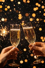 two champagne glasses clinking amidst sparkling lights, symbolizing celebration and joy at a festive