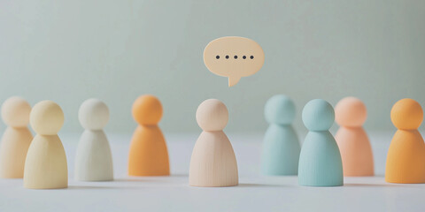 A group of colorful wooden figurines standing together with a speech bubble above them, representing teamwork, communication, and community discussions.