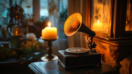 Wall Mural - Vintage gramophone on a wooden table with candlelight.