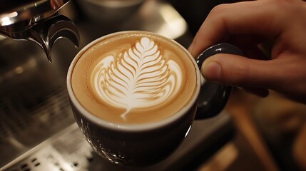 A barista skillfully finishing a latte art design, with a beautifully detailed leaf pattern emerging in the foam.