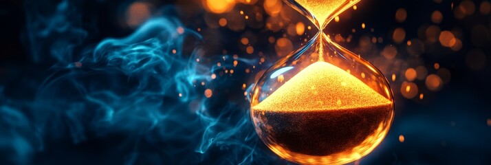 Wall Mural - A glowing hourglass filled with swirling sand, representing time, change, and the passage of life, against a backdrop of blue smoke and sparkling lights.