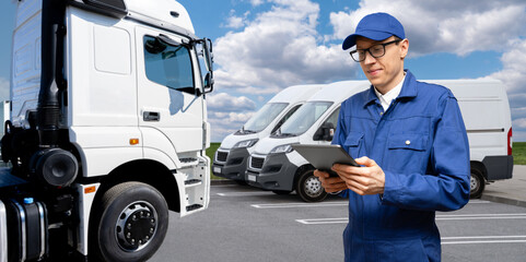 Poster - Fleet manager with digital tablet on a background of trucks	
