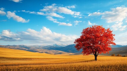 A lone red tree stands tall amidst a vast golden field, showcasing the vibrant colors of autumn. The blue sky with fluffy clouds creates a picturesque scene, symbolizing peace, serenity