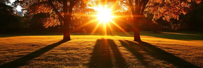 A serene image of the sun setting perfectly between two trees, casting long shadows across the grassy field, symbolizing tranquility, nature, warmth, renewal, and hope.