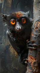 Black Lemur with Striking Orange Eyes in the Rainforest