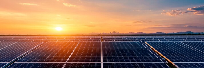 Wall Mural - A vast solar farm stretches across the desert landscape, bathed in the golden glow of a setting sun. The panels capture the last rays of light, symbolizing clean energy, sustainability