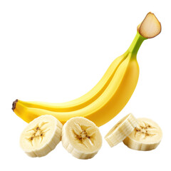 Set of whole Banana, half and slice with leaf in the air isolated on transparency background