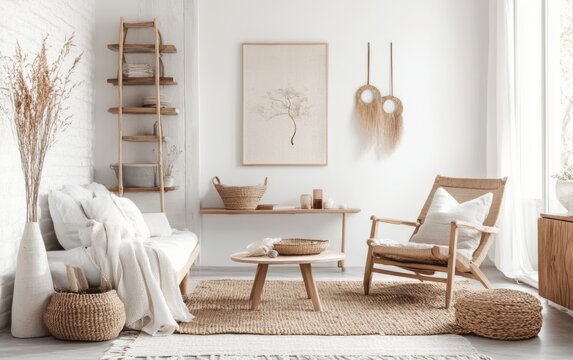 Cozy Scandinavian living room featuring natural materials and minimalistic decor during bright daylight hours