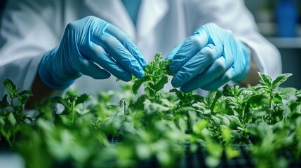 Poster - A person wearing a lab coat and gloves is holding a plant