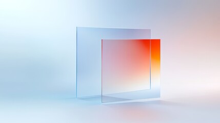 Poster - Minimalist geometric glass shapes abstract background with blue and orange gradient colors.  Symbolism of modern art, design, technology, and abstract concepts.