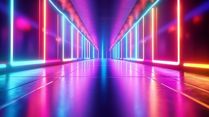 Wall Mural - Neon lights reflecting on empty hallway floor