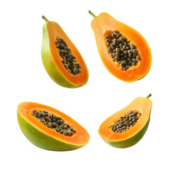 Set of whole Papaya, half and slice falling in the air isolated on transparency background